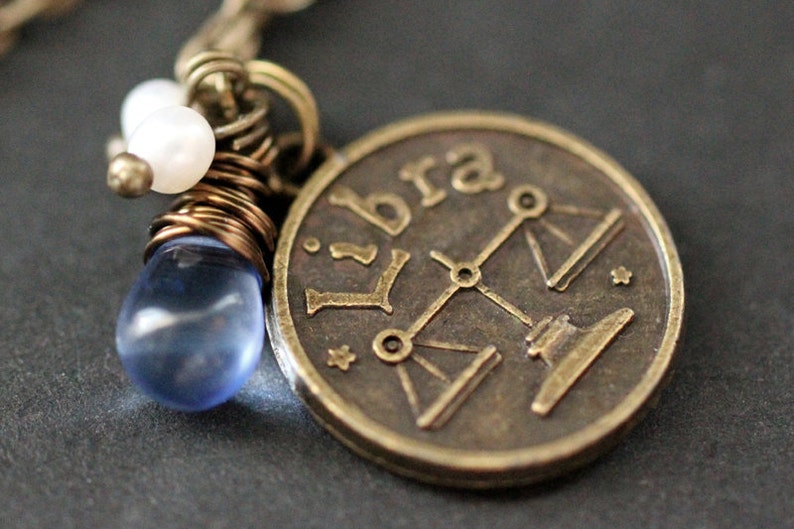 Handmade Jewelry. Libra Horoscope Necklace Zodiac Necklace with Glass Teardrop and Fresh Water Pearl Libra Astrology Necklace