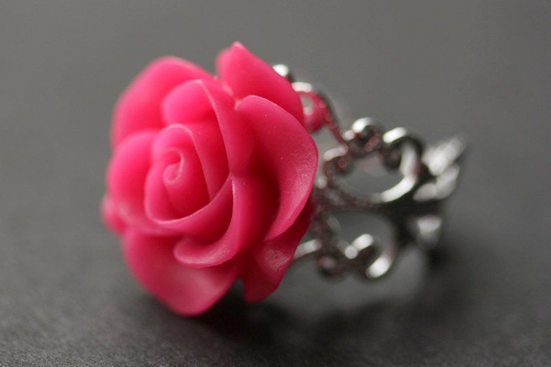 Hot Pink Rose Ring. Fuchsia Pink Flower Ring. Gold Ring. Silver