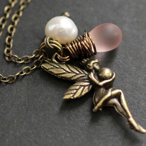 Fairy Charm Necklace. Bronze Faery Necklace with Pink Teardrop and Fresh Water Pearl. Handmade Jewelry.