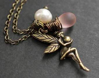 Fairy Charm Necklace. Bronze Faery Necklace with Pink Teardrop and Fresh Water Pearl. Handmade Jewelry.