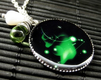 Aries Zodiac Necklace. Sun Sign Charm Necklace in Green. Handmade Jewelry.