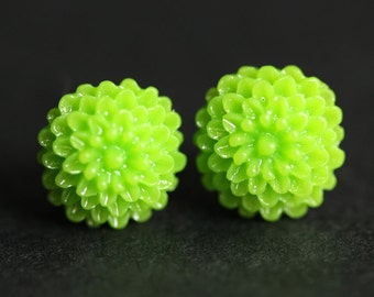 Bright Green Mini Mum Earrings. Spring Green Earrings. Bronze Stud Earrings. Green Flower Earrings. Post Earrings. Handmade Jewelry.