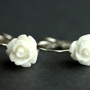 White Rose Dangle Earrings. White Flower Earrings. Rose Earrings. White Earrings. Silver Lever Back Earrings. Flower Jewelry.