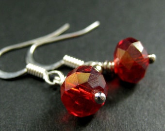 Saffron Red Crystal Earrings. Dangle Earrings in Red Orange Glass and Silver. Handmade Jewelry.