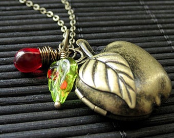 Apple Necklace Locket in Bronze with Wire Wrapped Red Charm and Green Leaf. Handmade Jewelry.