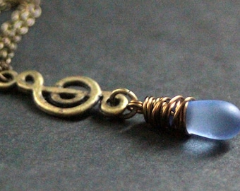 Bronze Treble Clef Necklace. Music Necklace. Frosted Teardrop Charm Necklace. (CHOOSE YOUR COLOR) Handmade Jewelry.