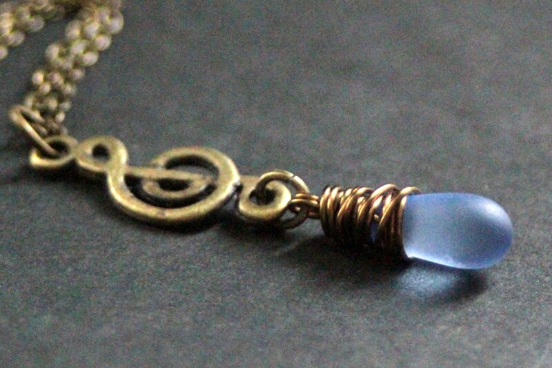 Bronze Treble Clef Necklace. Music Necklace. Frosted Teardrop Charm Necklace. (CHOOSE YOUR COLOR) Handmade Jewelry.