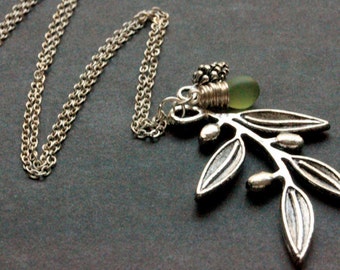 Olive Branch Necklace. Silver Leaf Charm Necklace with Pine Cone Charm and Glass Teardrop. (Choose Your Color) Handmade Jewelry.