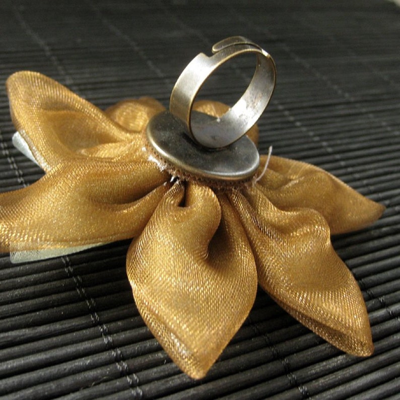 Fabric Flower Ring. Brown and Sage Flower Ring. Bronze Adjustable Ring. Cocktail Ring. Handmade Jewelry. image 5