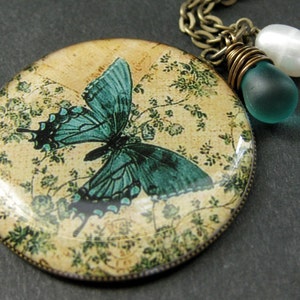 Teal Butterfly Necklace. Butterfly Pendant Necklace with Wire Wrapped Teal Teardrop and Pearl. Handmade Jewelry.