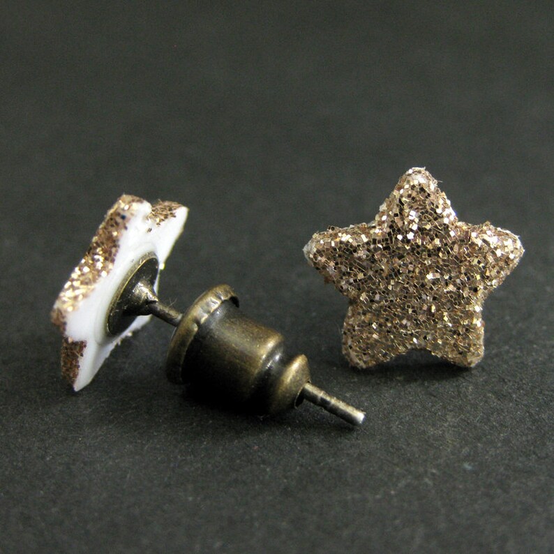 Gold Sparkle Star Earrings. Gold Star Earrings. Bronze Post Earrings. Little Star Earrings. Stud Earrings. Handmade Jewelry. image 4