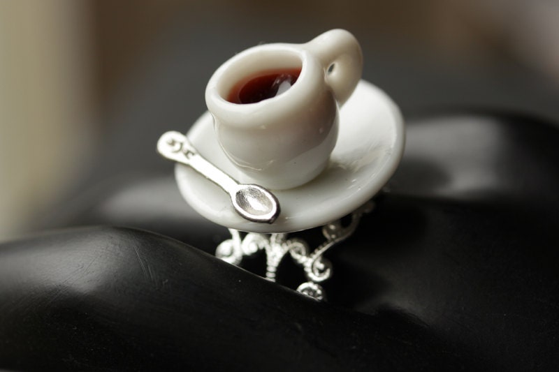 Coffee Cup Ring. Coffee Ring. White Teacup Ring With Coffee Etsy