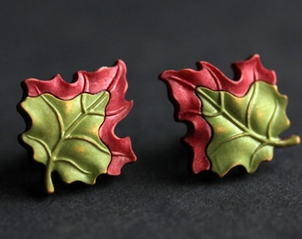 Leaf Earrings. Autumn Leaves Earrings. Brick Red, Olive Green Leaf, Bronze Earrings. Dark Red Earrings. Green Earrings. Handmade Earrings.