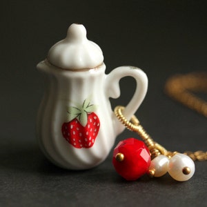 Strawberry Teapot Necklace. Porcelain Tea Pot Necklace with Red Crystal and Pearl Charms. Red Necklace. Gold Necklace. Handmade Jewelry.