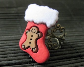 Christmas Ring. Stocking Ring with Gingerbread Man. Holiday Ring. Bronze Adjustable Ring. Handmade Jewelry.