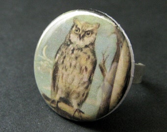 Brown Owl Ring. Owl Jewelry. Winter Owl Ring. Adjustable Ring in Silver. Hoot Owl Ring. Handmade Jewelry.