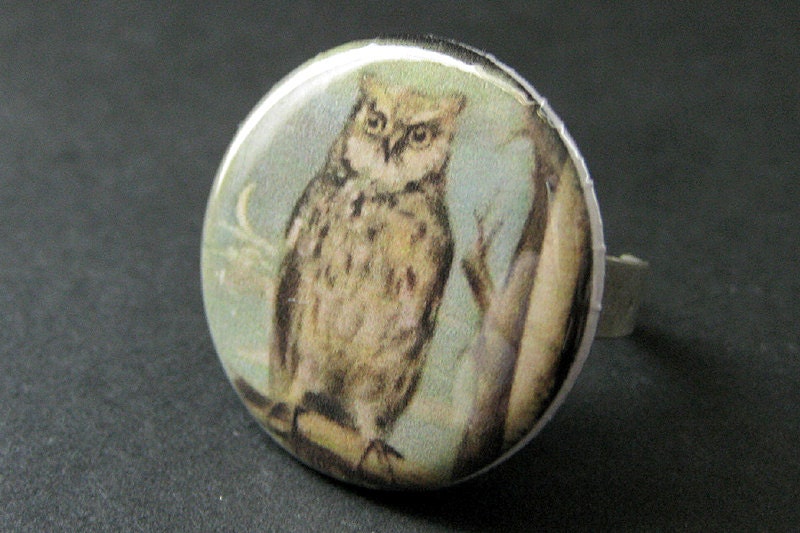 Brown Owl Ring. Owl Jewelry. Winter Owl Ring. Adjustable Ring in Silver. Hoot Owl Ring. Handmade Jew