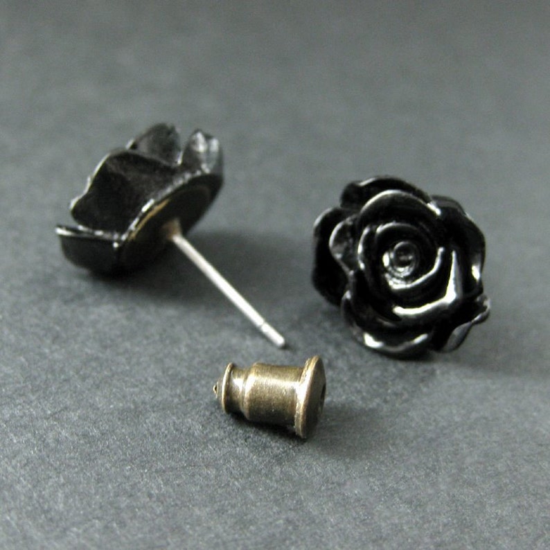 Black Rose Earrings With Bronze Earring Studs. Flower Jewelry. Etsy