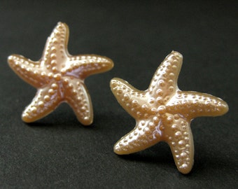 Peach Starfish Earrings. Sea Star Fish Earrings with Silver Stud Earring Backs. Handmade Jewelry.