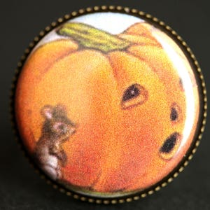 Mouse Ring. Halloween Ring. Pumpkin Ring. Vintage Graphic Button Ring. Jack o'Lantern Ring. Adjustable Ring. Bronze Ring. Halloween Jewelry. image 1
