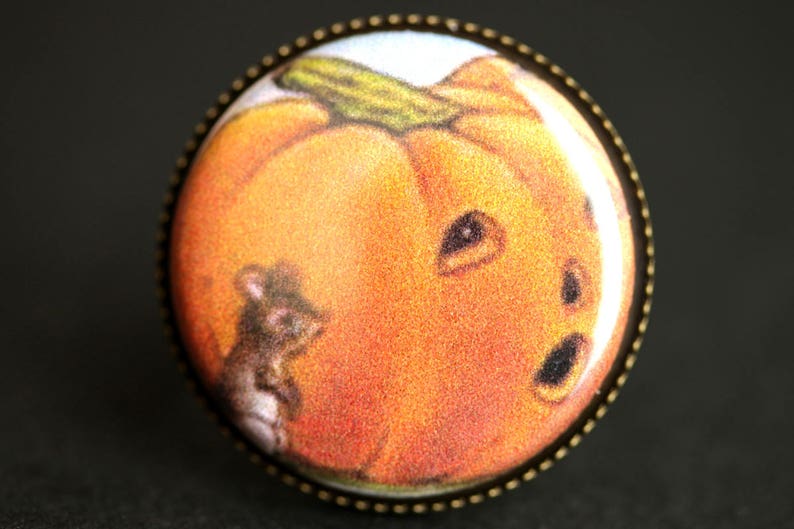 Mouse Ring. Halloween Ring. Pumpkin Ring. Vintage Graphic Button Ring. Jack o'Lantern Ring. Adjustable Ring. Bronze Ring. Halloween Jewelry. image 1