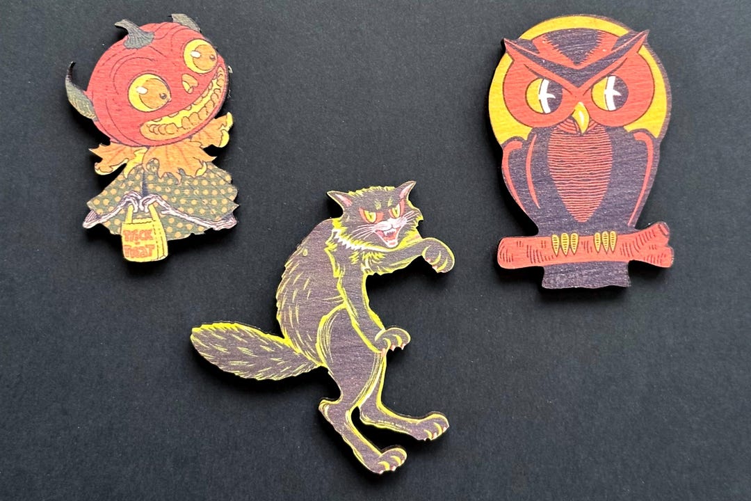 Halloween Fridge Magnets. Set of Three. Vintage Pumpkin Man, Black Cat ...
