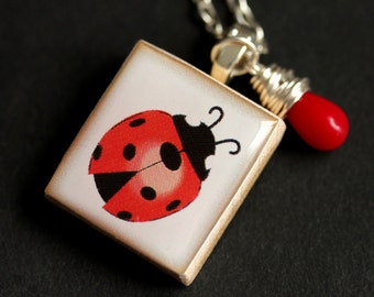 Ladybug Necklace. Lady Bug Necklace. Scrabble Tile Necklace with Red Coral Teardrop. Red Necklace. Handmade Jewelry.