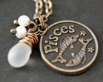 Pisces Astrology Necklace. Zodiac Necklace with Glass Teardrop and Fresh Water Pearl. Pisces Horoscope Handmade Jewelry.