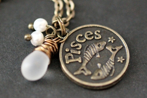 Pisces Astrology Necklace. Zodiac Necklace with Glass Teardrop and Fresh Water Pearl. Pisces Horoscope Handmade Jewelry.