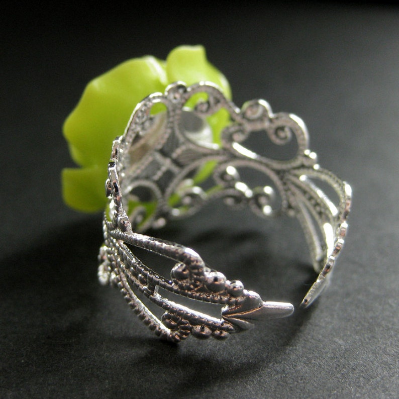 Lime Green Rose Ring. Lime Flower Ring. Filigree Adjustable Ring. Flower Jewelry. Handmade Jewelry. image 3