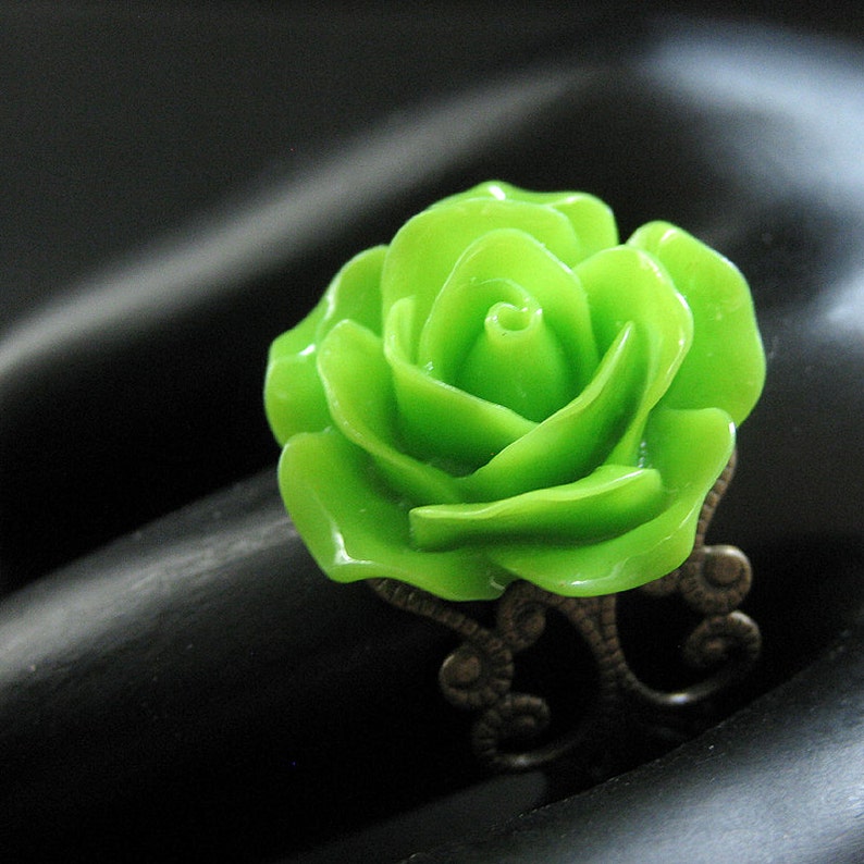 Apple Green Rose Ring. Green Flower Ring. Adjustable Ring. Filigree Ring. Flower Jewelry. Handmade Jewelry. image 2