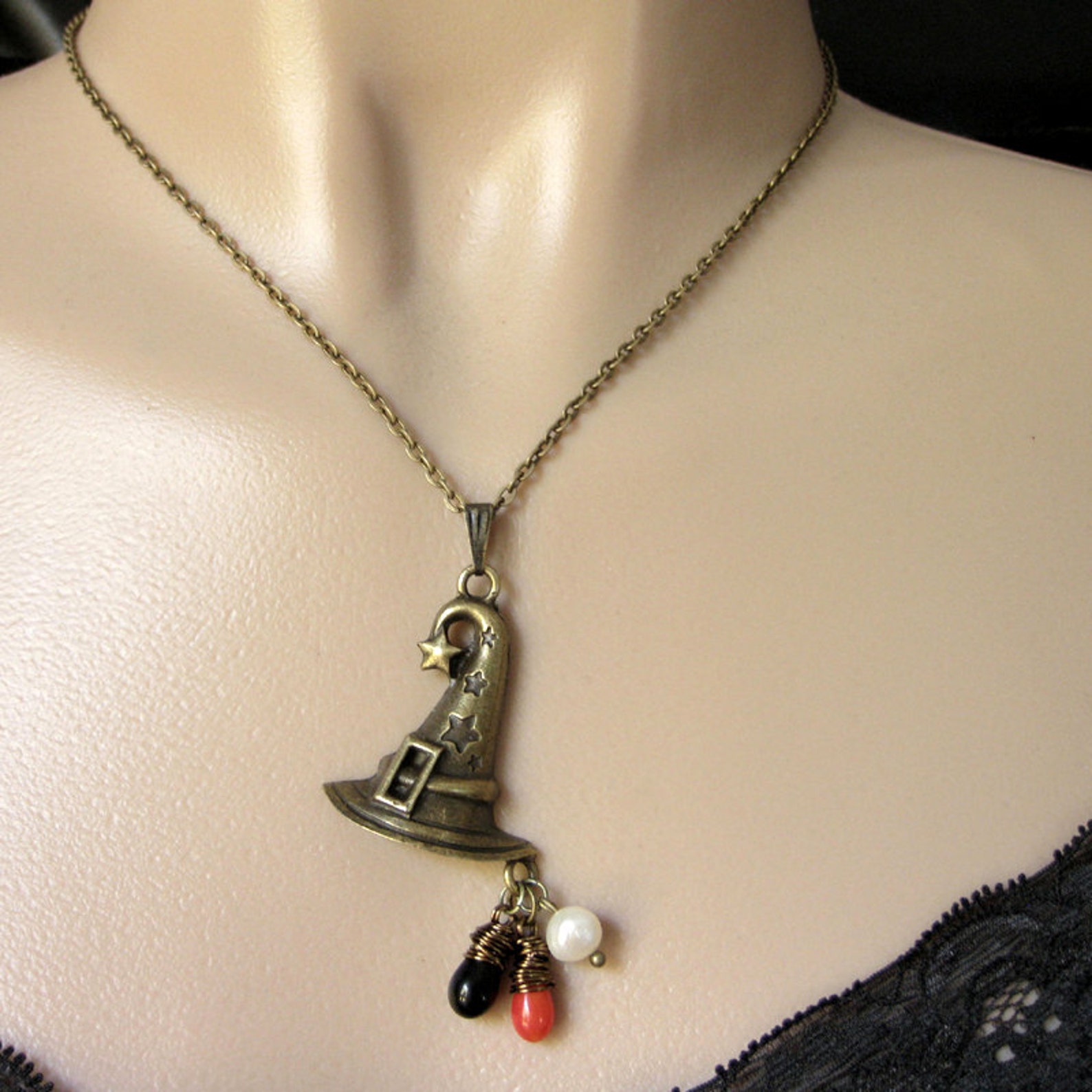 Halloween Necklace. Witch Hat Charm Necklace With Teardrop Charms and ...