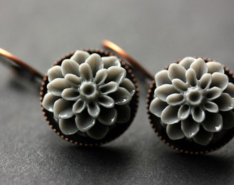 Gray Dahlia Flower Earrings. French Hook Earrings. Grey Flower Earrings. Lever Back Earrings. Handmade Jewelry.