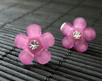 Fuchsia Pink Daisy Flower Earrings with Rhinestone Centers and Silver Post Earrings. Handmade Jewelry.