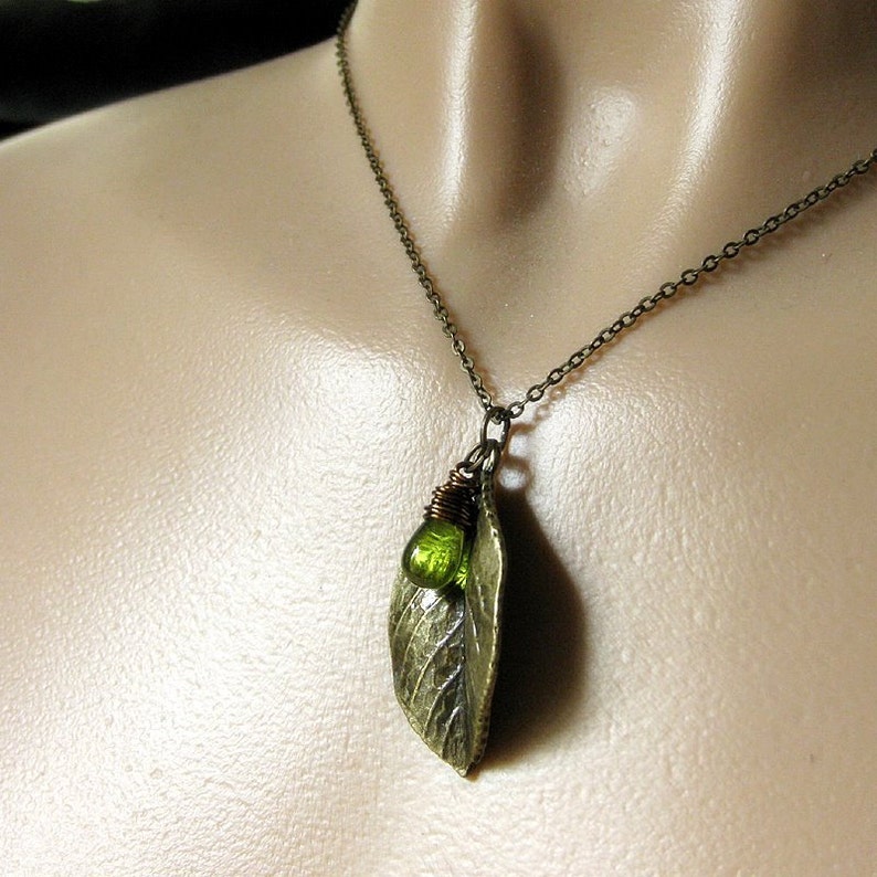 Leaf Necklace in Bronze. Leaf Charm Necklace with Wire Wrapped Glass Teardrop Charm. Handmade Jewelry. image 3