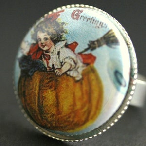 Halloween Ring. Pumpkin Ring. Novelty Ring. Vintage Print Button Ring. Autumn Ring. Silver Adjustable Ring. Fall Ring. Handmade Jewelry. image 4