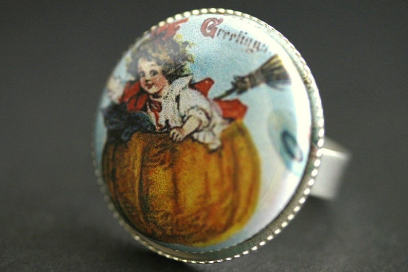 Halloween Ring. Pumpkin Ring. Novelty Ring. Vintage Print Button Ring. Autumn Ring. Silver Adjustable Ring. Fall Ring. Handmade Jewelry. image 4