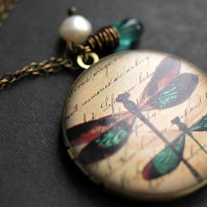 Teal Dragonfly Locket Necklace. Dragonfly Necklace with Teal Teardrop and Fresh Water Pearl. Handmade Jewellery.