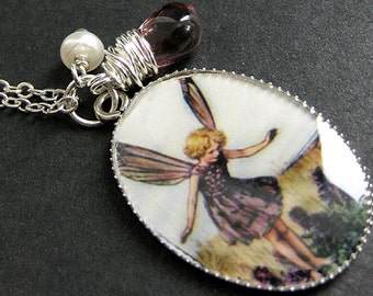 Purple Flower Fairy Necklace. Fairy Pendant with Purple Teardrop and Fresh Water Pearl. Fairy Jewelry. Handmade Jewellery.