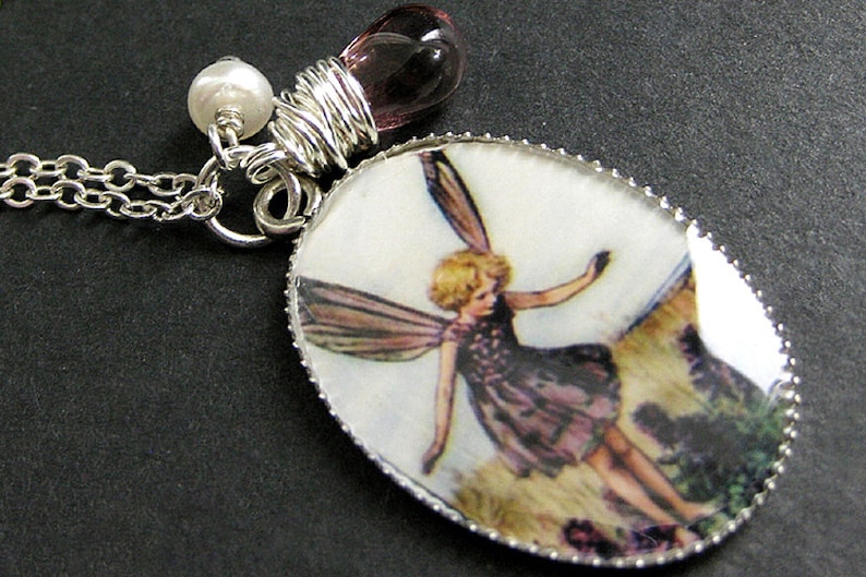 Purple Flower Fairy Necklace. Fairy Pendant with Purple Teardrop and Fresh Water Pearl. Fairy Jewelry. Handmade Jewellery. image 1