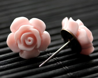 Baby Pink Flower Earrings. Baby Pink Earrings. Gardenia Flower Earrings. Bronze Post Earrings. Pink Rose Earrings. Handmade Earrings.