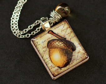 Acorn Necklace. Scrabble Tile Necklace. Acorn Charm Necklace with Brown Glass Teardrop. Handmade Jewelry.