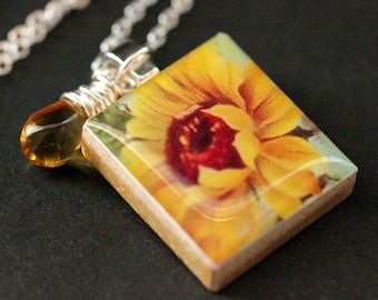 Sunflower Necklace. Sun Flower Necklace. Scrabble Tile Necklace with Clear Honey Teardrop. Handmade Jewelry.