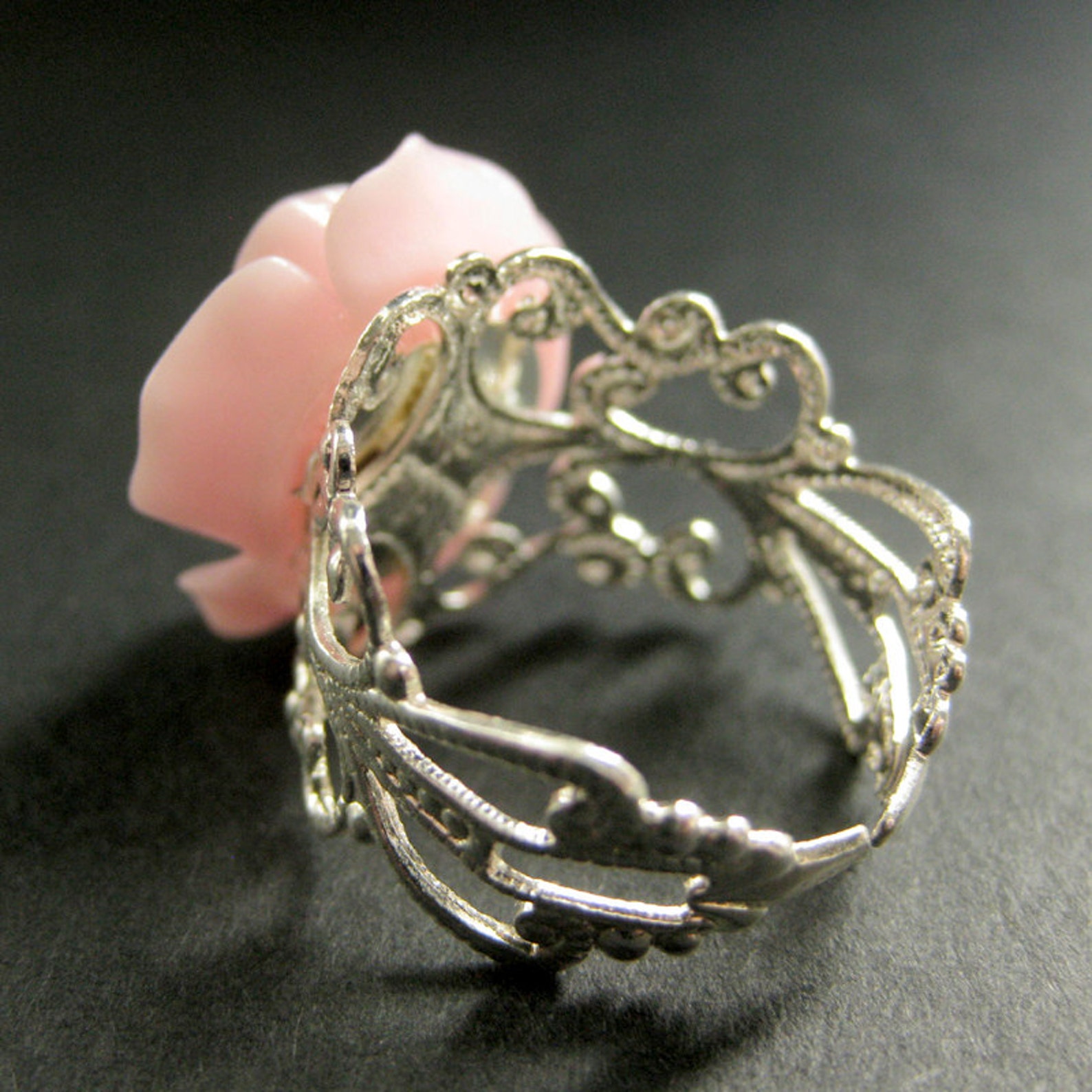 Pink Rose Ring. Pink Flower Ring. Adjustable Ring. Filigree Etsy
