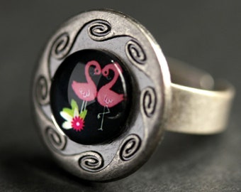 Pink Flamingos Ring. Pink Bird Ring. Button Ring. Adjustable Ring. Lawn Flamingo Ring. Pink Ring. Handmade Jewelry.