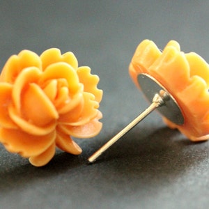 Orange Lotus Flower Earrings. Orange Lotus Earrings. Silver Post Earrings. Orange Earrings. Stud Earrings. Handmade Jewelry. image 2