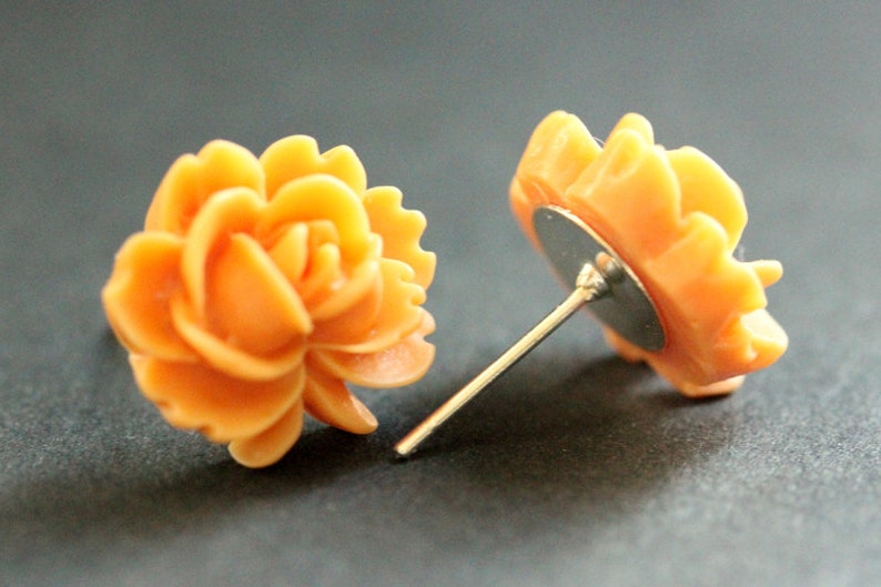 Orange Lotus Flower Earrings. Orange Lotus Earrings. Silver Post Earrings. Orange Earrings. Stud Earrings. Handmade Jewelry. image 2