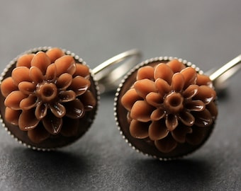 Brown Dahlia Flower Earrings. French Hook Earrings. Chocolate Brown Flower Earrings. Lever Back Earrings. Handmade Jewelry.