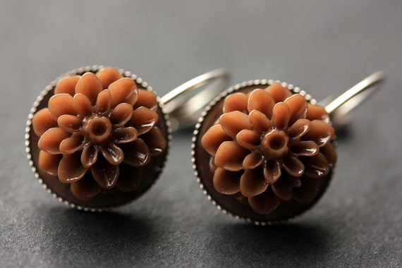 Brown Dahlia Flower Earrings. French Hook Earrings. Chocolate Brown Flower Earrings. Lever Back Earrings. Handmade Jewelry.