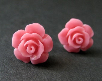 Coral Pink Flower Earrings. Coral Pink Earrings. Gardenia Flower Earrings. Silver Stud Earrings. Coral Pink Rose Earrings. Handmade Jewelry.